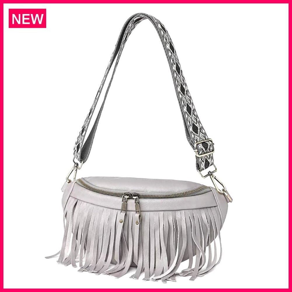 Leather Crossbody Sling Bag with Fringe Adjustable Strap Multi-Pocket
